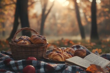Autumn picnic with fresh pastries and a cozy atmosphere in a tranquil forest setting
