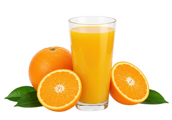 A glass of orange juice with whole and halved oranges 