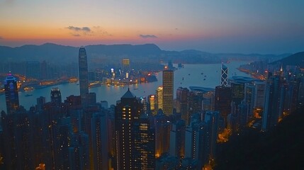 Fototapeta premium Hong Kong Skyline at Dawn: A Panoramic View from the Peak