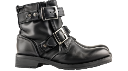 Black leather boots with buckles on transparent background