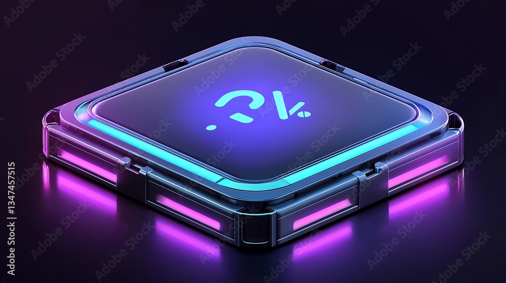 Poster futuristic percentage icon with question mark. a metallic, illuminated square display with a glowing