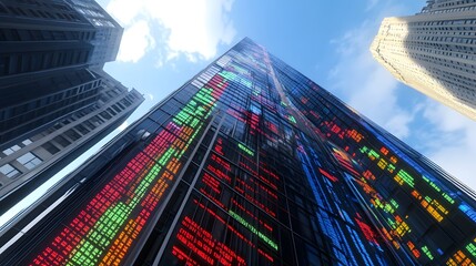 a tall modern skyscraper, reflecting the vibrant colors of a screen and reaching towards the bright blue sky. The building is surrounded by other skyscrapers