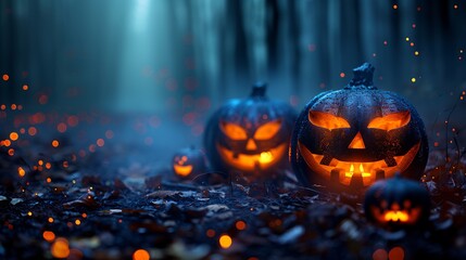 Naklejka premium Spooky Halloween background glowing pumpkins fog and negative space for text