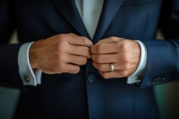 Obraz premium Man in suit and tie adjusting his cuff against city skyline.