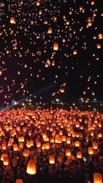 4K, Floating lantern YeePeng Firework Festival or Yi Peng Lantern in Chiangmai, Chiang Mai festival and Loy Kratong Festival in Thailand