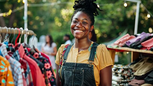 Smiling afro american woman in denim overalls and a yellow blouse browsing clothes at an outdoor market with fairy lights in the background. Concept of sustainable fashion and joy
