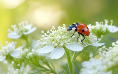 Ladybug Resting on a White Flower with a Soft Green Background