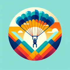  Flat vector illustration of a skydiver with an open parachute, vibrant colors, modern design symbolizing freedom and high-altitude thrill.