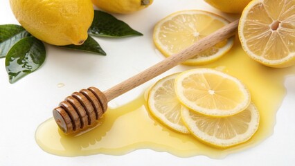 Golden honey and fresh lemon with a wooden dipper 