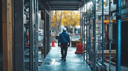 Fototapeta premium Construction Worker Walking Through Building Frame