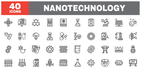 Set of 40 line icons nanotechnology. Outline icon collection. Editable stroke. Vector illustration.