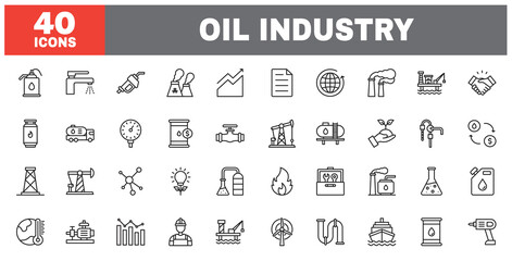 Set of 40 line icons oil industry. Outline icon collection. Editable stroke. Vector illustration.
