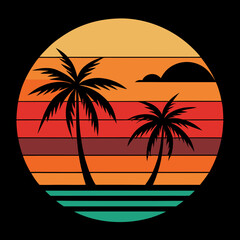 Sunset Stripes with Palm Trees Retro Tropical Aesthetic Vector Art