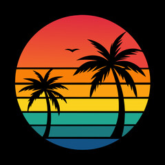 Sunset Stripes with Palm Trees Retro Tropical Aesthetic Vector Art
