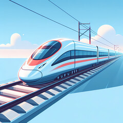 Naklejka premium Flat vector illustration of a high-speed train on tracks, clean and futuristic design, sharp geometric shapes, bright and modern colors, representing fast transportation and railway travel.