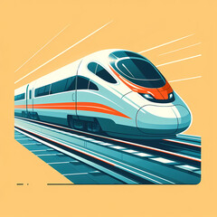 Flat vector illustration of a high-speed train on tracks, clean and futuristic design, sharp geometric shapes, bright and modern colors, representing fast transportation and railway travel.
