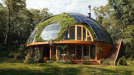 Sustainable living in an Eco-Dome home with lush greenery and solar panels