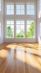 Sunlit Empty Room with Large Windows and Wooden Floor.