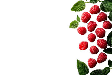 Raspberries and leaves, ripe red fruits, scattered, arrangement, isolated, cut out transparent