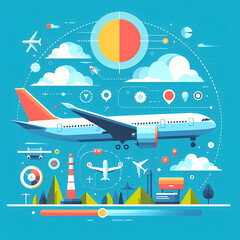 Flat vector illustration of a modern commercial airplane in flight, clean geometric design, bold and bright colors, smooth lines, representing air travel, aviation, and global transportation.