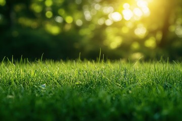 Naklejka premium Green Grass Close-up with Sunlight Filtering Through Trees in Background