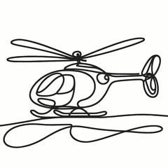 Obraz premium Continuous one-line drawing of a helicopter in the air, smooth abstract curves forming a sleek and minimalistic silhouette, representing flight, mobility, and aerial transportation.