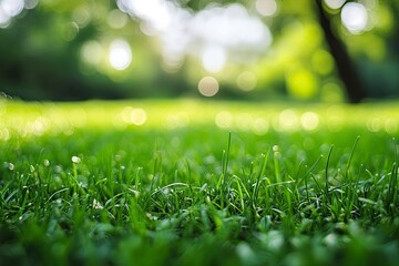 Naklejka premium Close-up of Green Grass in Park with Bokeh Background Effect