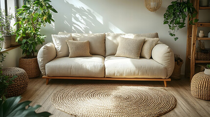 Fototapeta premium Contemporary and cozy living space with a neutral-toned sofa, soft textured pillows, wooden decor elements, fresh greenery and diffused natural light