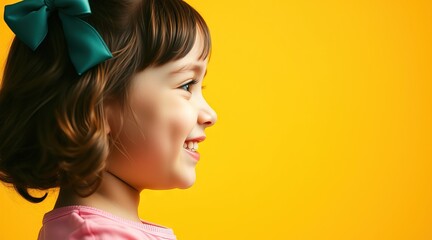 Fototapeta premium Smiling girl with short hair and bow against a bright yellow background during a joyful moment