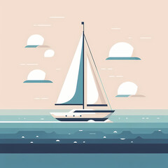 Fototapeta premium Flat vector illustration of a sailboat on the sea, minimalist design, clean geometric shapes, oceanic tones, symbolizing peaceful travel, nature, and nautical exploration