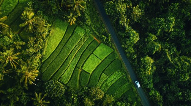 Aerial view of lush green rice paddies and a winding road, with tropical vegetation