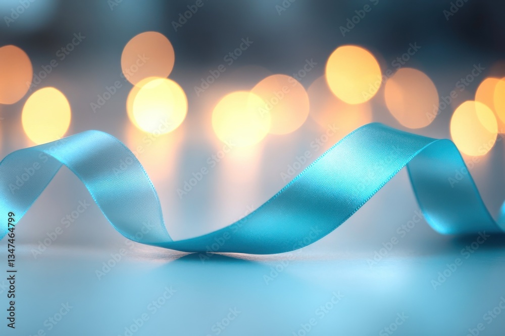 Poster delicate blue ribbon, elegantly folded on a table, against a soft bokeh background with glowing ligh