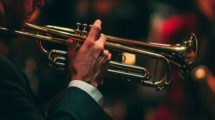 Obraz premium Man playing brass trumpet in orchestra hall