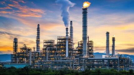 Obraz premium Majestic Oil Refinery at Sunset, Panorama of Industrial Might