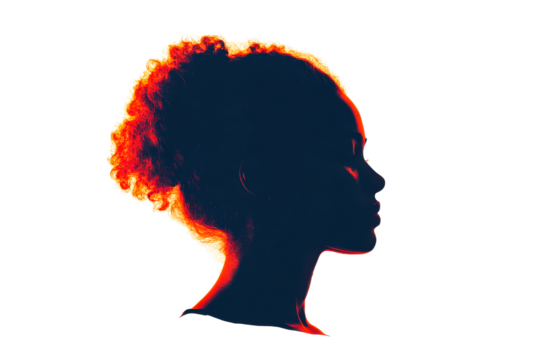 Silhouette of a woman with curly hair, glowing outline, cut out transparent