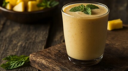 glass of pineapple whey protein shake on white background