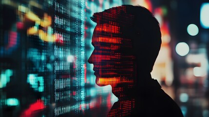a silhouette of a man looking at data on a screen, the screen reflecting colorful lights. The man is in deep thought, analyzing information