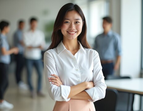 Smiling young Asian businesswoman with crossed arms in office. Confident professional female with happy face looking camera. Successful business person, startup worker. Modern work environment.