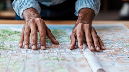 Hyper-realistic close-up of an urban planner's hands reviewing blueprints and zoning maps with intricate details, representing the precision and care in urban planning