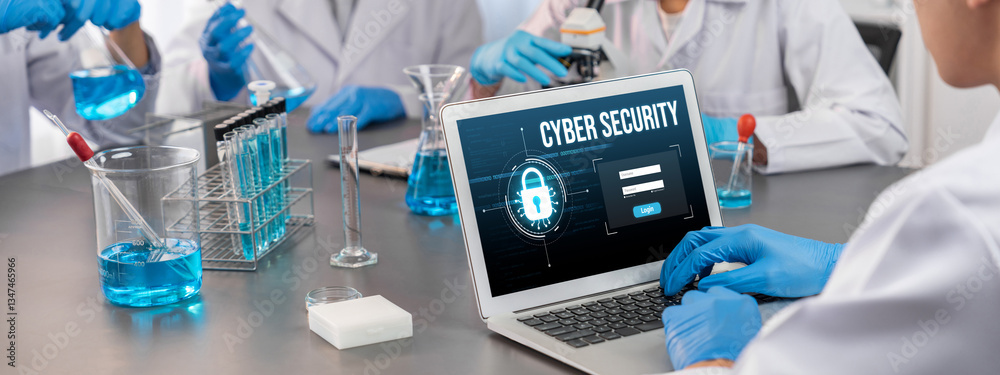 Poster cyber security system on computer screen protect private information brisk from hacker and cyber att