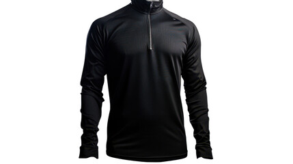 Black long sleeve sports shirt with short zipper on transparent background