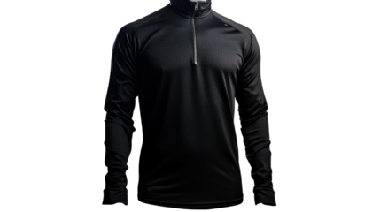Black long sleeve sports shirt with short zipper on transparent background