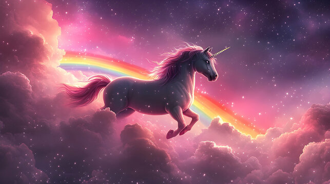 Fantasy unicorn dreamscape with a glowing rainbow, twinkling stars and soft pastel clouds floating in a magical pink and purple sky
