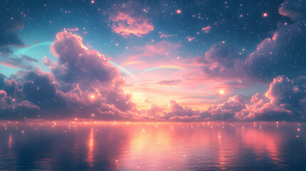 Fantasy-inspired luminous pastel sky with gentle rainbow reflections, scattered glowing stars and dreamy soft clouds floating in the air