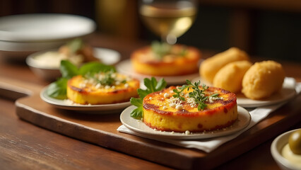 A vibrant Spanish tapas table with tortilla española, croquettes, and olives. Wooden boards and aioli create a flavorful and inviting dining experience.