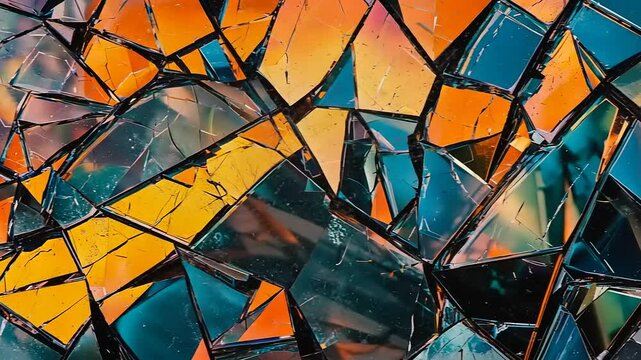 A shattered glass surface, reflecting vibrant orange and blue light in a geometric mosaic.