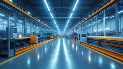 Fototapeta premium Modern Factory Interior: Automated Production Line, High-Tech Manufacturing Facility, Industrial Design, Clean Room Environment, Advanced Technology Showcase, Blue and Orange Color Palette