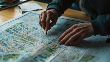Obraz premium Hyper-realistic close-up of an urban planner's hands reviewing blueprints and zoning maps with intricate details, representing the precision and care in urban planning