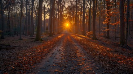 Obraz premium Sunset running trail warm golden light casting long shadows inspirational and spacious composition