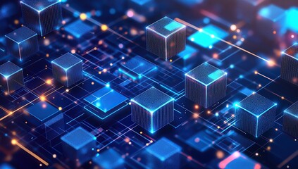 Blue technology background, dark blue and light blue, glowing square elements, data visualization,